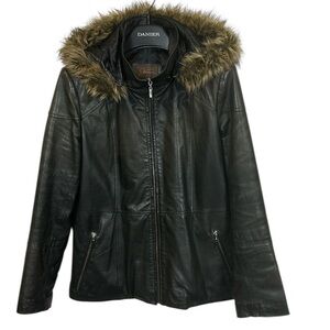 Women’s Black Leather Jacket Zip Front Detachable Hood Faux Fur Trim Size Medium